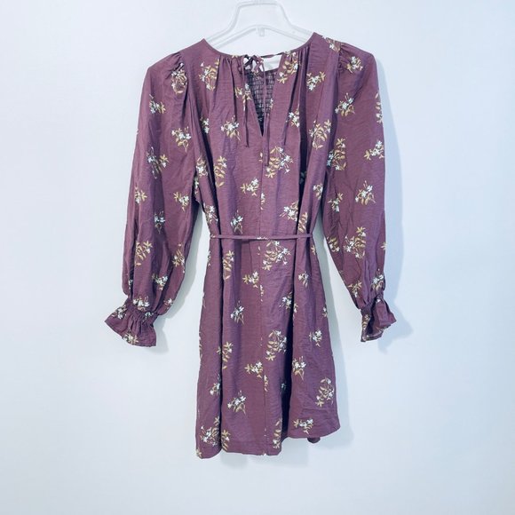 A New Day Women's Long Sleeve Tent Mini Dress Purple Floral Print Belted Small - Picture 10 of 13